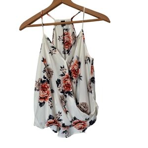 SHEIN Floral Wrap Cami Tank Top Womens Size L White Orange Black Draped Front